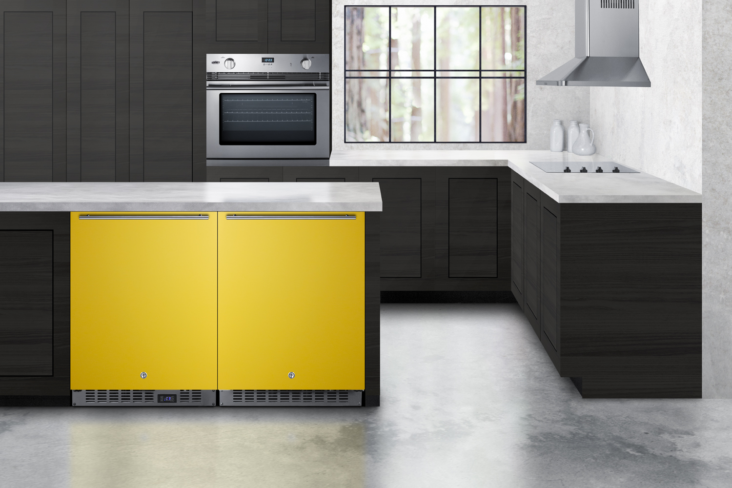 24 in. wide built-in undercounter ADA compliant all-refrigerator with saffron gold door, stainless steel handle and kickplate, and black cabinet